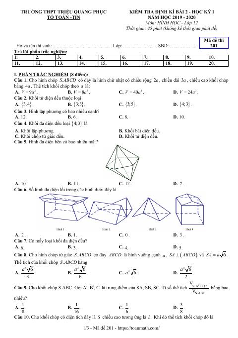 Đề kiểm tra Hình học 12 chương 1 năm 2019 – 2020 trường Triệu Quang Phục – Hưng Yên